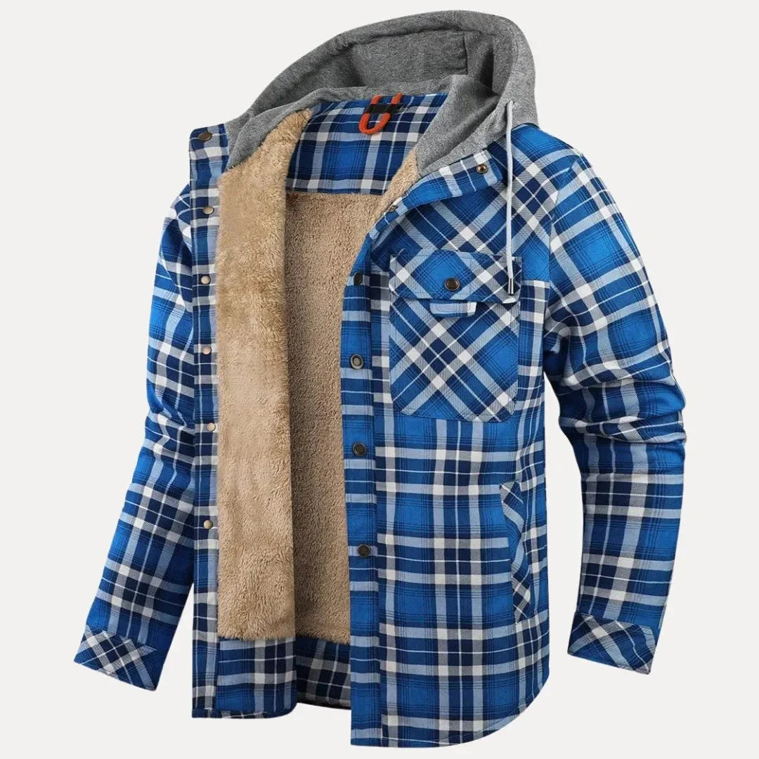 Unisex plaid padded winter jacket with sherpa lining, adjustable hood, and front chest pockets