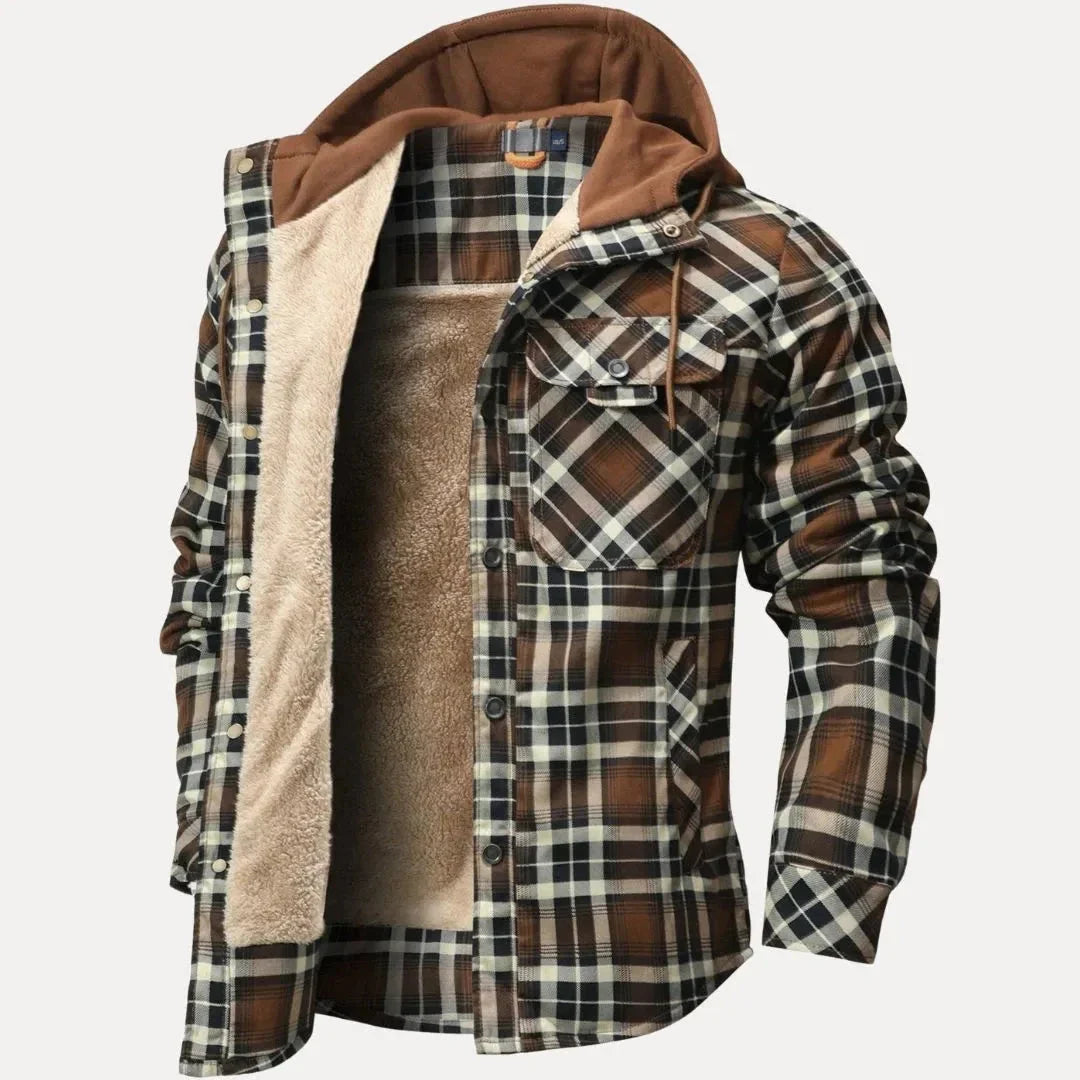 Unisex plaid padded winter jacket with sherpa lining, adjustable hood, and front chest pockets