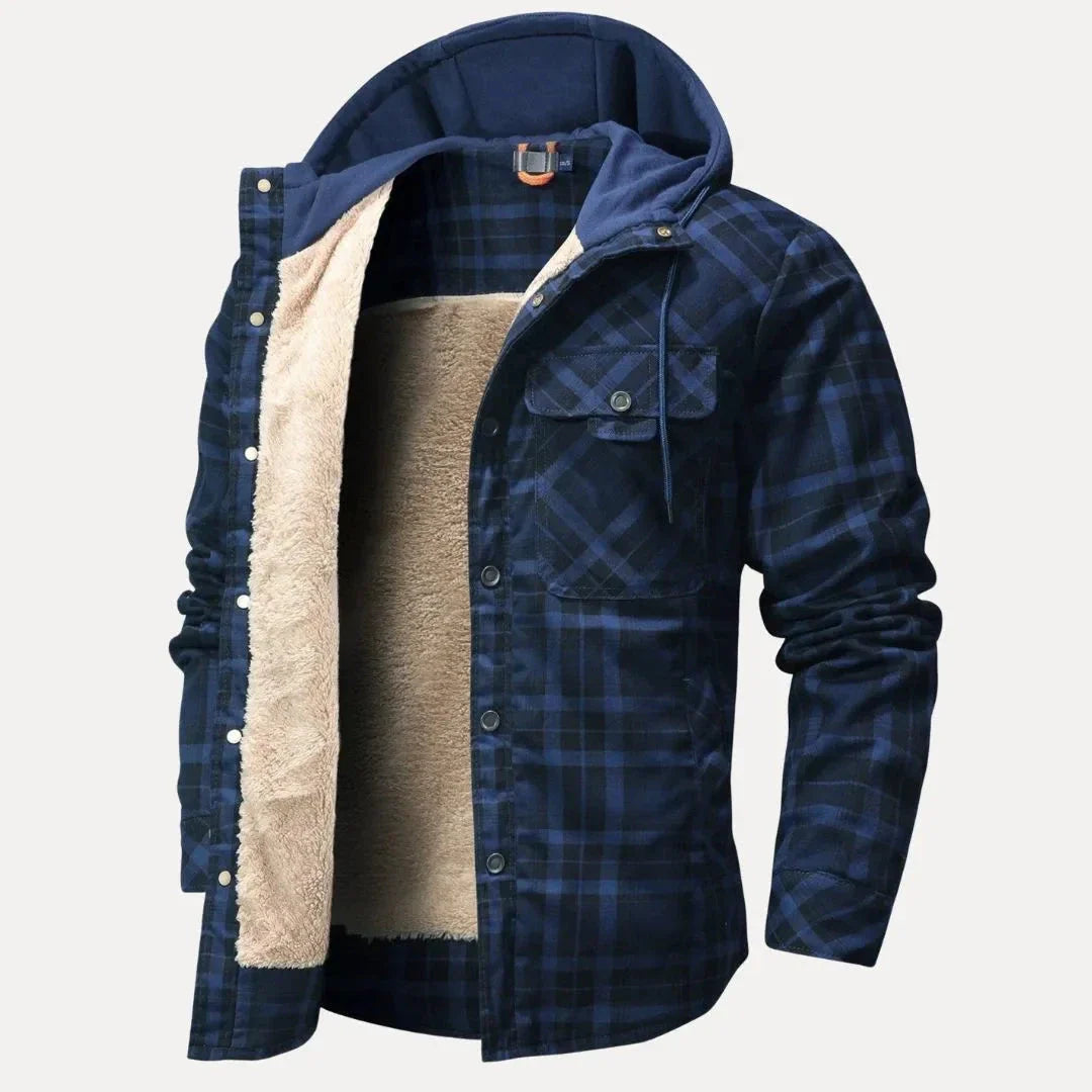 Unisex plaid padded winter jacket with sherpa lining, adjustable hood, and front chest pockets