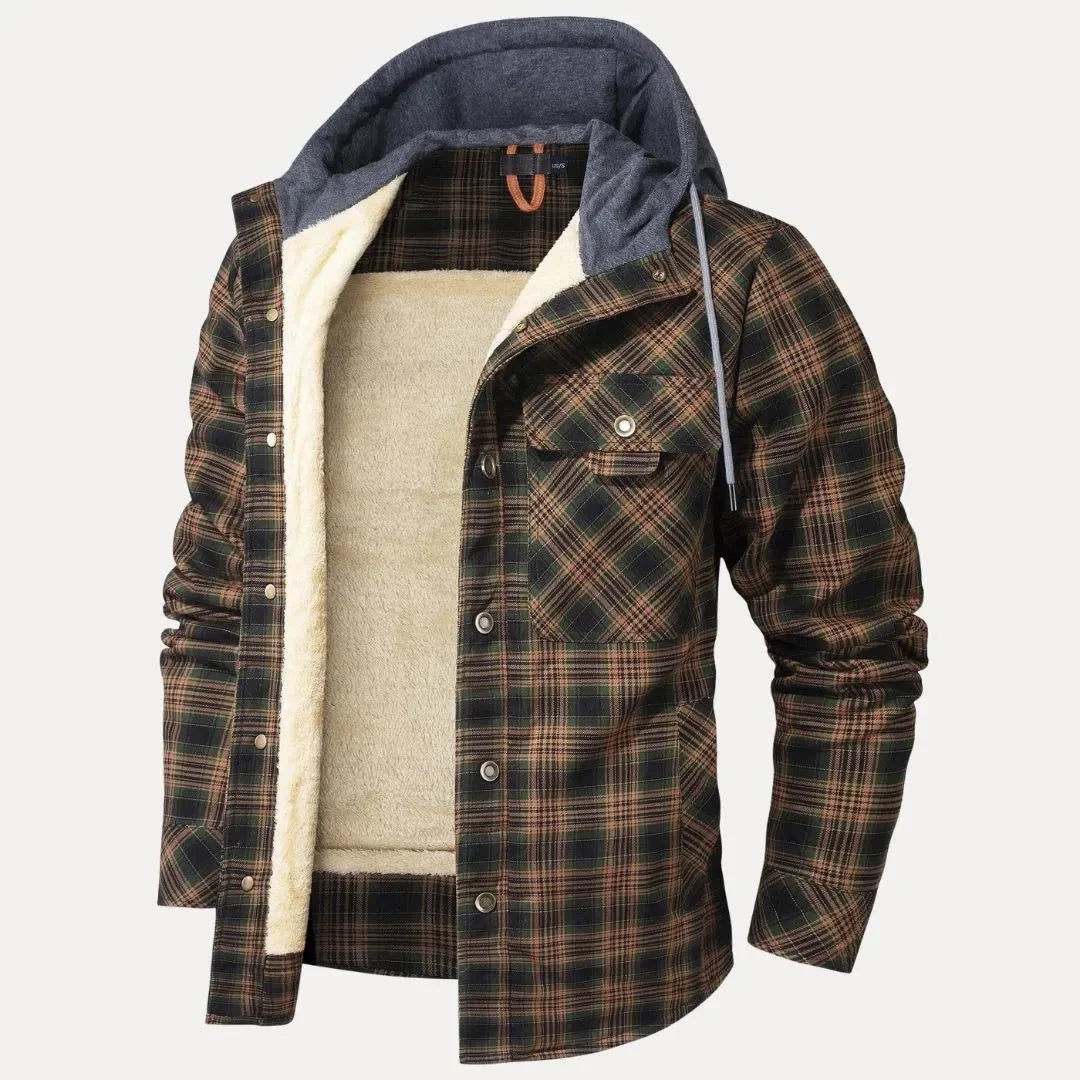 Unisex plaid padded winter jacket with sherpa lining, adjustable hood, and front chest pockets