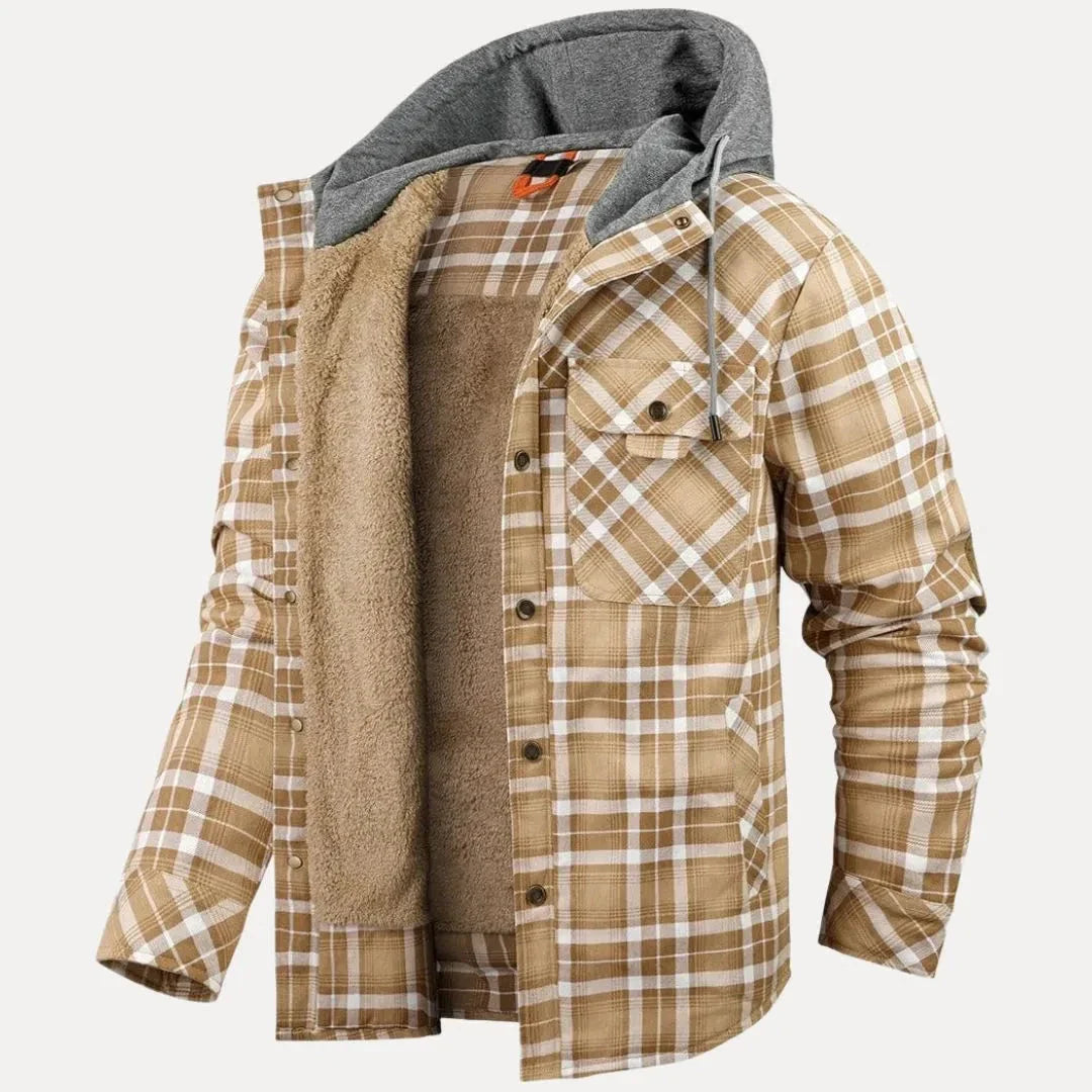 Unisex plaid padded jacket with sherpa lining, adjustable hood, and front chest pockets for winter