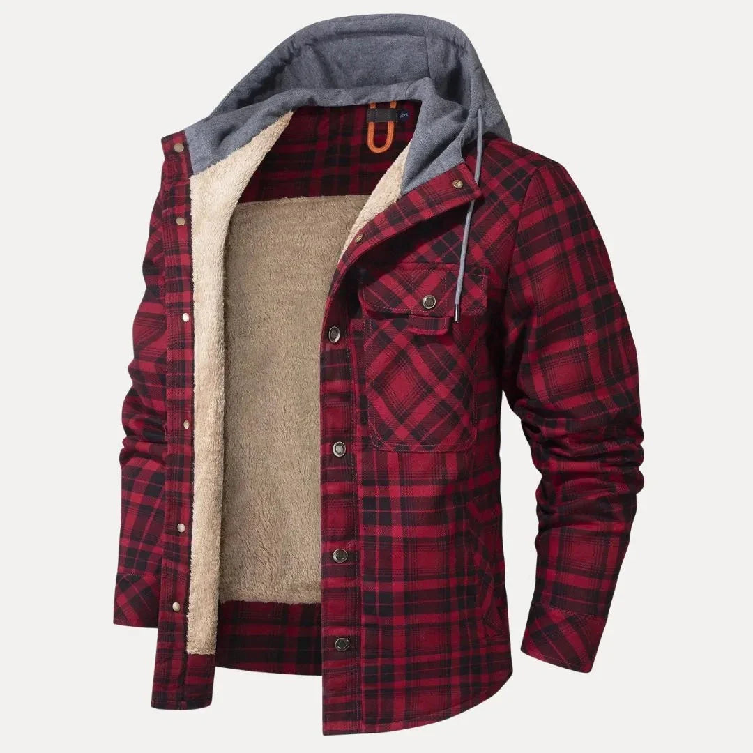 Unisex plaid padded winter jacket with sherpa lining, adjustable hood, and front chest pockets