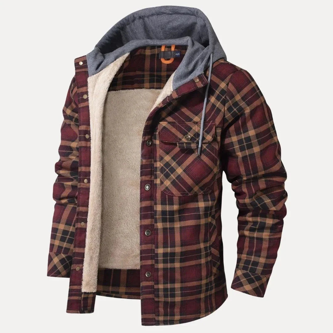 Unisex plaid padded winter jacket with sherpa lining, adjustable hood, and front chest pockets
