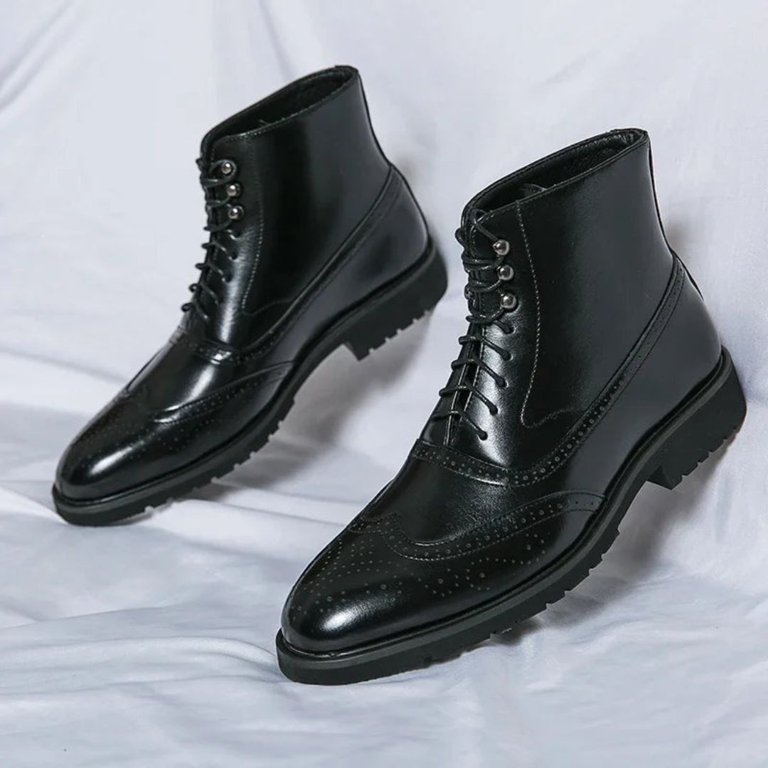 Dark brown high-cut leather brogue boots with wingtip perforations and classic lace-up design