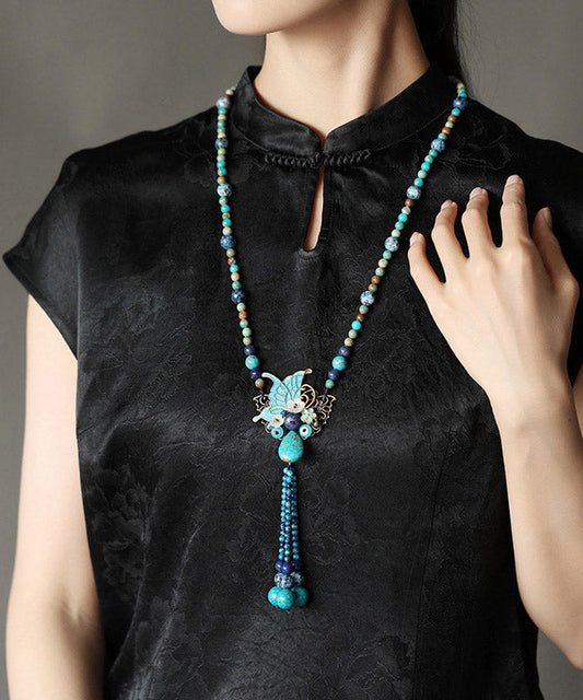 Collier pendentif papillon coquillage turquoise en alliage vintage - Wavlynn