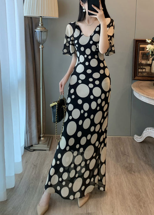 Robe de vacances vintage en mousseline de soie à imprimé noir pour l'été - Wavlynn