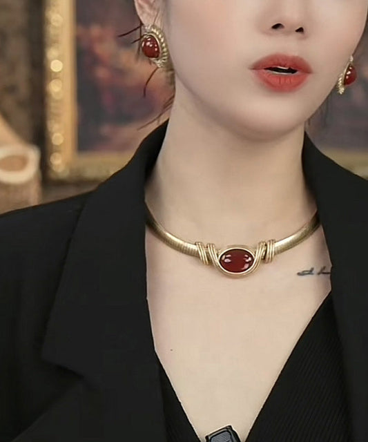 Collier ras du cou vintage en argent sterling noir et agate surdorée - Wavlynn