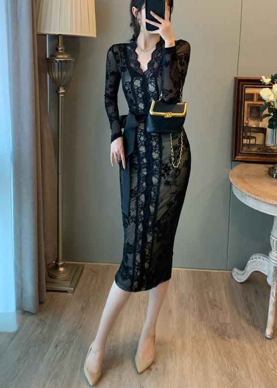 Robe tunique noire vintage en dentelle portefeuille pour l'été - Wavlynn