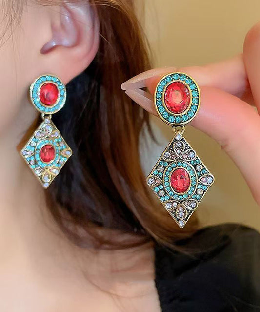 Boucles d'oreilles pendantes vintage en alliage bleu et cristal de zircon en forme de diamant - Wavlynn