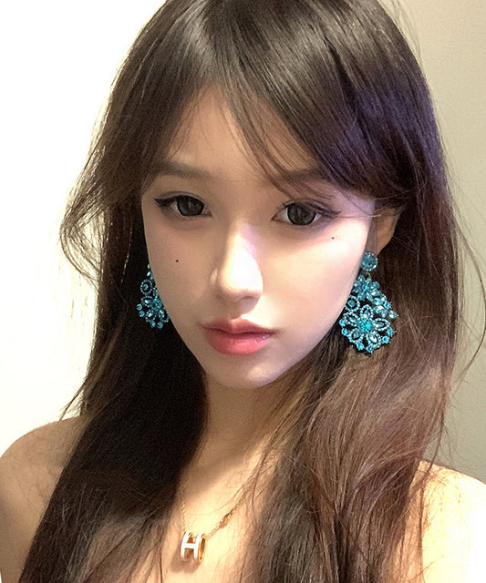 Boucles d'oreilles pendantes florales vintage en alliage de zircon bleu - Wavlynn