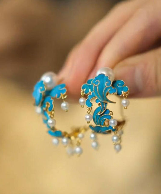 Boucles d'oreilles créoles vintage en argent sterling bleu avec perles et émail cloisonné - Wavlynn