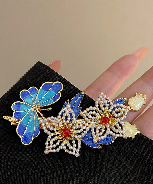 Épingle à cheveux florale cloisonnée en argent sterling bleu vintage avec perles dorées - Wavlynn