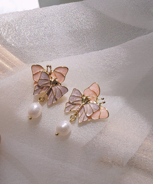 Boucles d'oreilles pendantes papillon vintage en argent sterling doré à blocs de couleurs et perles - Wavlynn