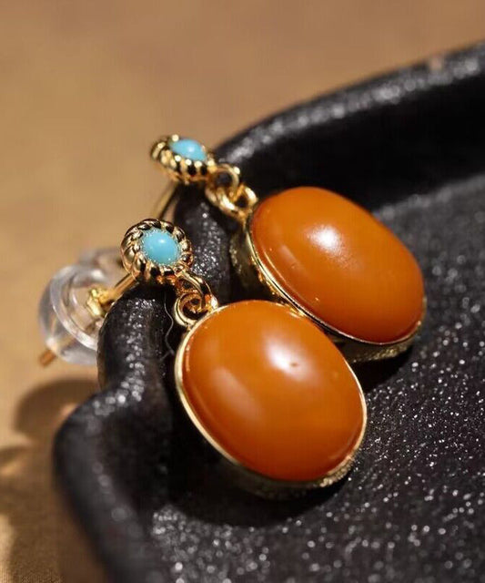 Boucles d'oreilles pendantes vintage en argent sterling coloré, surmontées de turquoise et de cire d'abeille dorée - Wavlynn