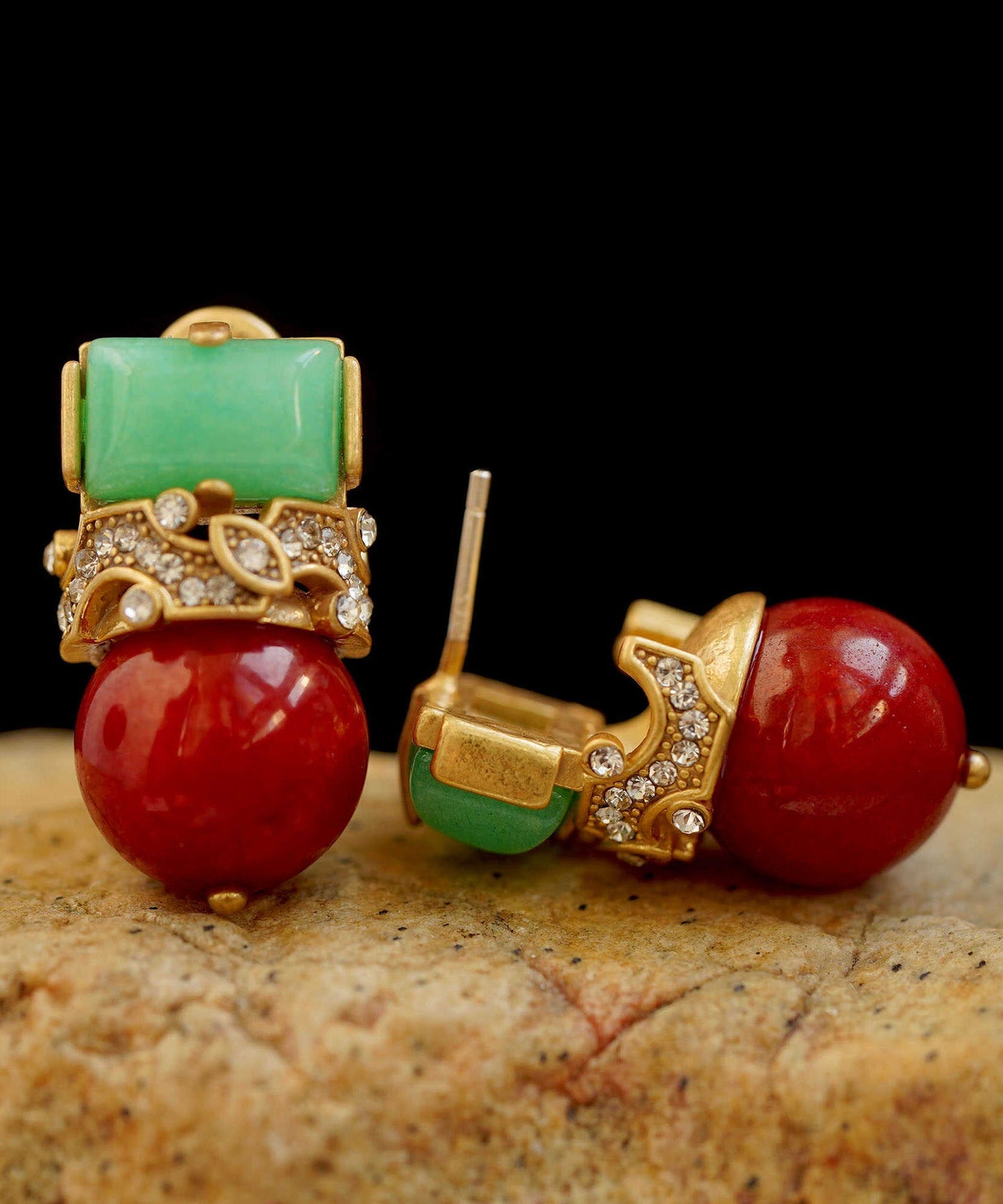 Boucles d'oreilles à tige vintage en argent sterling avec zircone et agate de jade - Wavlynn