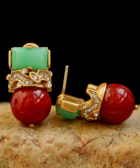 Boucles d'oreilles à tige vintage en argent sterling avec zircone et agate de jade - Wavlynn