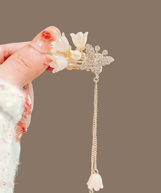Épingle à cheveux vintage en alliage de cuivre doré et zircon, motif fleur et pompon - Wavlynn