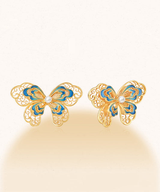 Boucles d'oreilles à tige vintage en argent sterling doré avec perles et papillon ajourées - Wavlynn