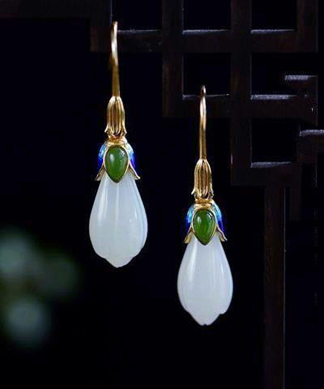 Boucles d'oreilles à tige vintage en argent sterling doré et jade cloisonné avec orchidée - Wavlynn
