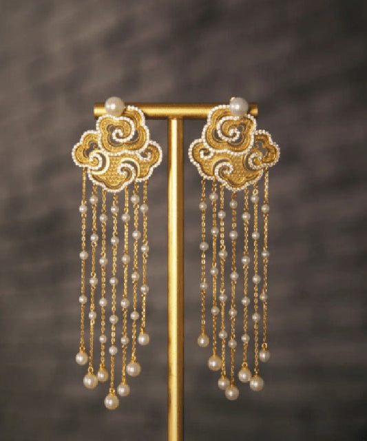Boucles d'oreilles pendantes vintage en argent sterling doré et zircons, nuages ​​de bon augure, perles et pompons - Wavlynn