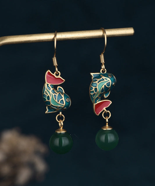 Boucles d'oreilles pendantes vintage en calcédoine verte et or antique représentant un poisson sautant par-dessus la porte du dragon - Wavlynn