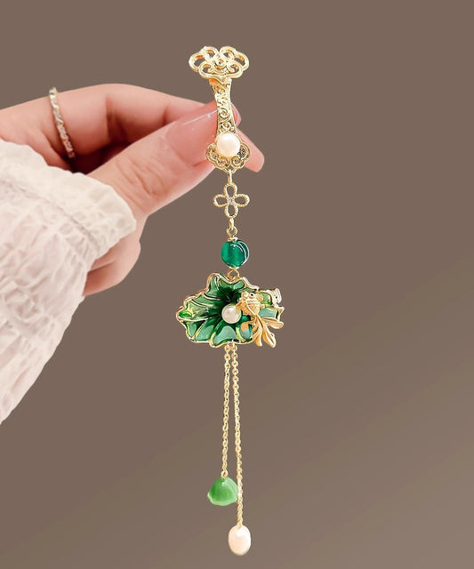 Épingle à cheveux vintage à pompon en cuivre vert et perles d'orchidée - Wavlynn