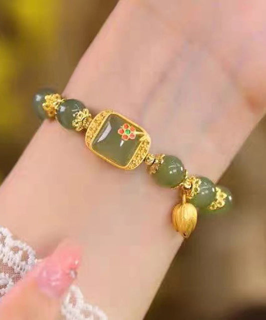 Bracelet à breloques vintage en argent sterling vert et jade surdoré avec lotus - Wavlynn