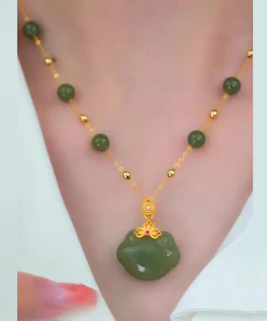 Collier pendentif vintage en argent sterling vert avec fermoir de sécurité en jade surdoré - Wavlynn
