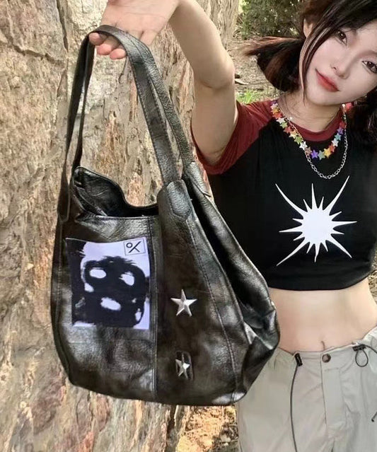 Sacs à bandoulière vintage en similicuir gris avec chaîne et appliqués - Wavlynn
