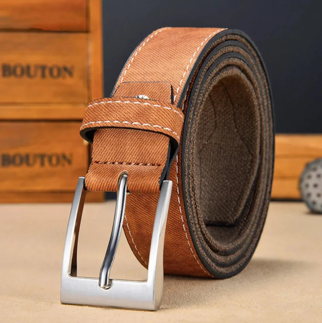 Brown full-grain crazy horse leather belt with sturdy metal buckle and vintage-inspired rugged finish