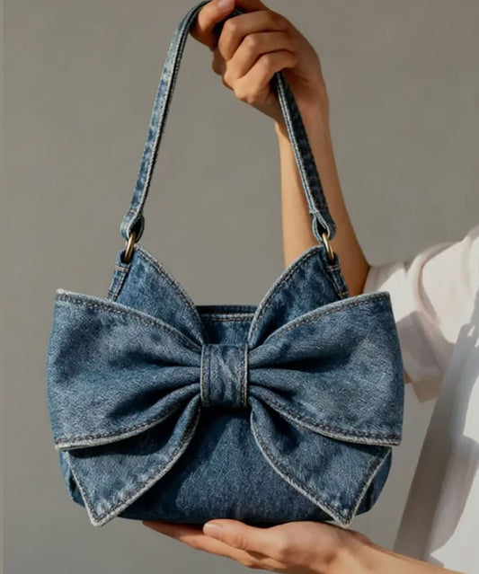 Sacs à bandoulière en denim solide et durable avec nœud bleu marine vintage - Wavlynn