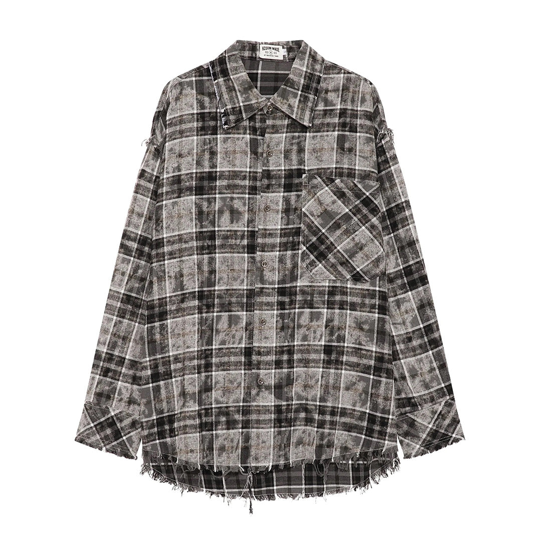 Oversized plaid cotton-blend shirt with frayed distressed edges and loose relaxed fit