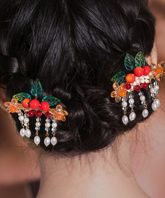 Paire d'épingles à cheveux vintage en cuivre doré à l'arc-en-ciel et pompon en forme de feuille d'aubépine. - Wavlynn