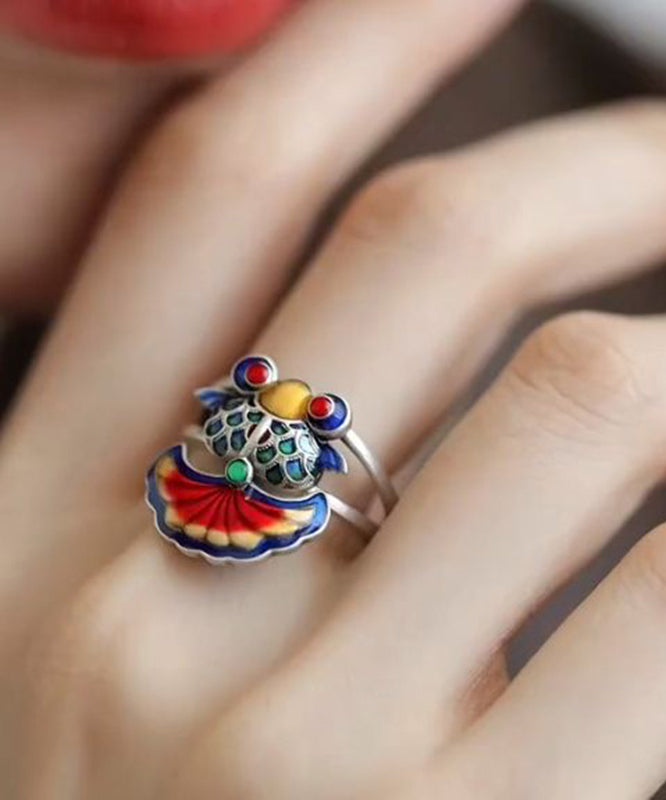 Bagues vintage en argent sterling avec motif carpe brodée et émaillée arc-en-ciel - Wavlynn