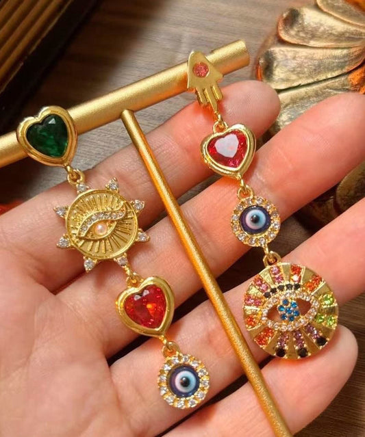 Boucles d'oreilles pendantes asymétriques en argent sterling arc-en-ciel avec zircons surdorés et émail émaillé - Wavlynn