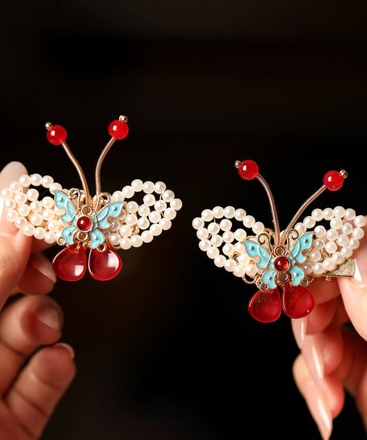 Paire d'épingles à cheveux papillon vintage en alliage rouge nacré pour enfants - Wavlynn