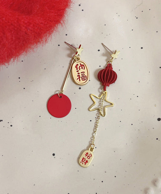 Boucles d'oreilles pendantes asymétriques vintage en alliage d'argent sterling rouge, motif lanterne étoilée - Wavlynn