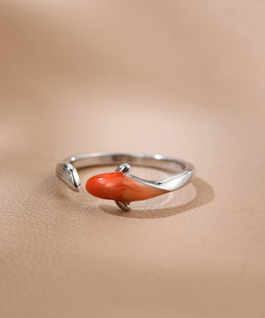 Bagues ouvertes vintage en argent sterling rouge avec motif carpe brodée - Wavlynn