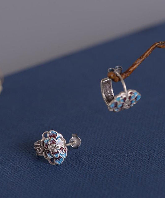 Boucles d'oreilles à tige en argent sterling et soie vintage avec fleur de pivoine cloisonnée - Wavlynn