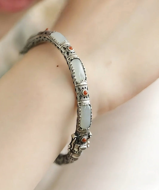 Bracelet jonc vintage en soie, argent sterling, jade et agate ajourée - Wavlynn