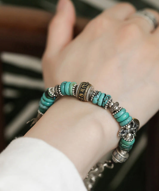 Bracelet à breloques vintage en argent sterling et soie avec perles turquoise - Wavlynn