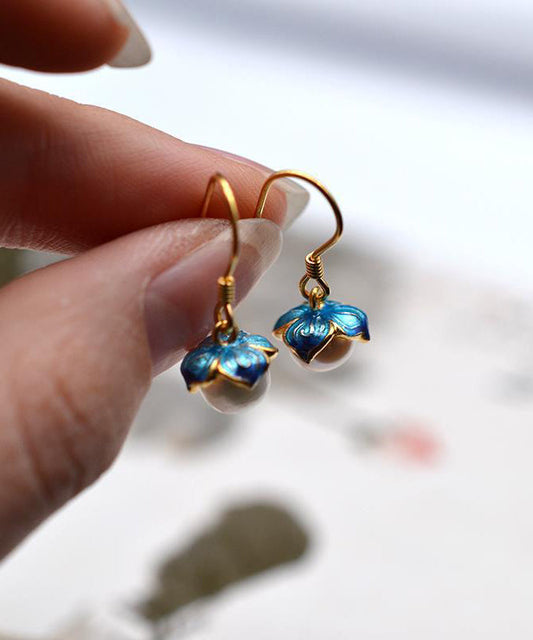 Boucles d'oreilles pendantes vintage en argent sterling jaune surdoré avec perles et émail cloisonné - Wavlynn