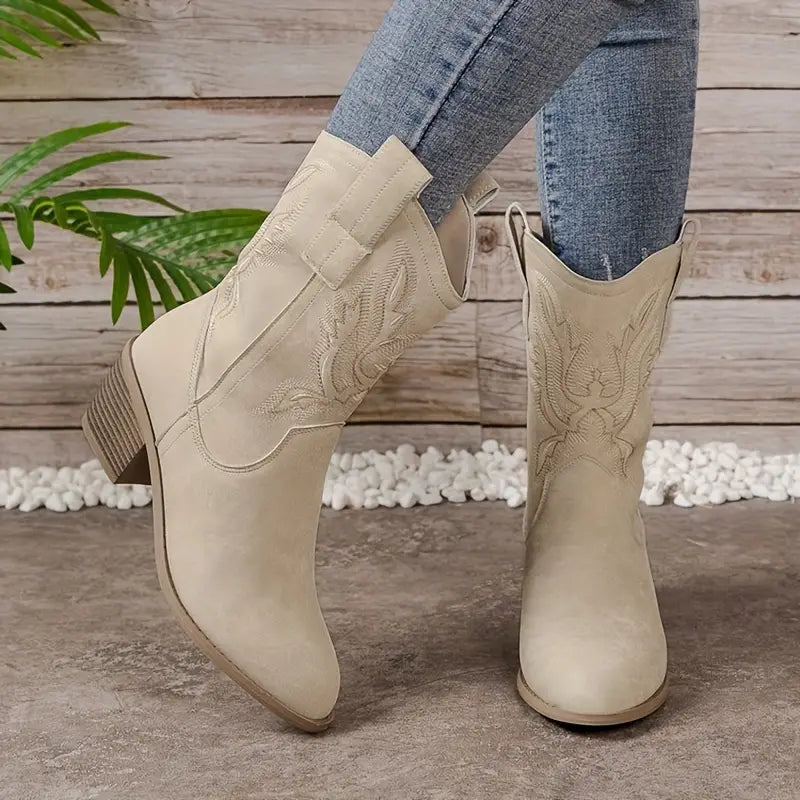Women's brown vintage western cowboy boots with fur and PU leather blend, stylish pull-on silhouette