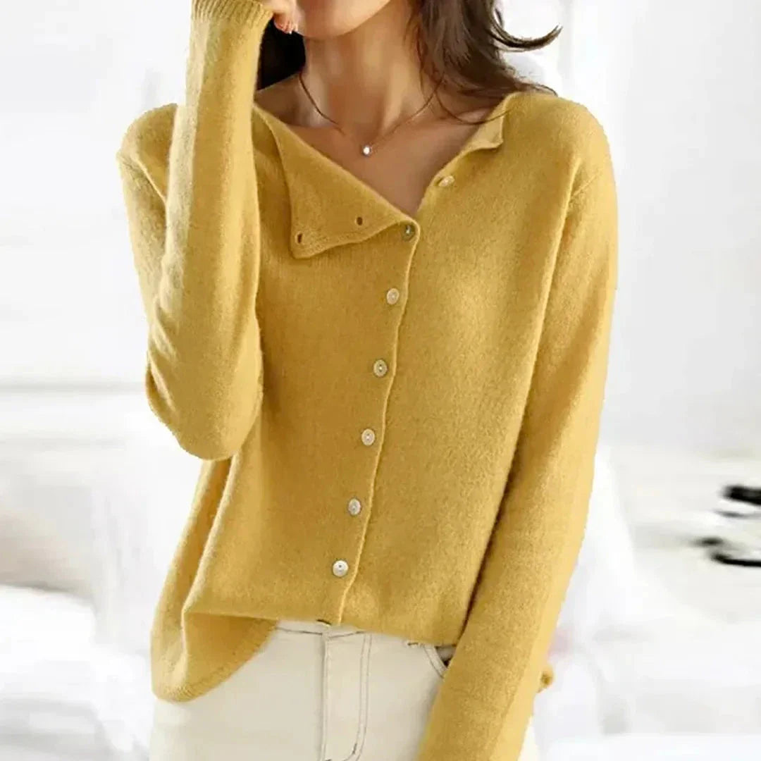 Vivian soft knit sweater relaxed fit with asymmetrical button-down front, versatile layering piece