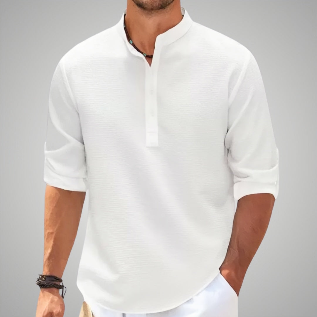Men's waffle knit henley shirt with grandad collar, long sleeve button closure, Nordic Flair