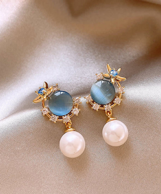 Boucles d'oreilles pendantes en pierre œil de chat avec perle et zircon bleu surdoré Vogue - Wavlynn