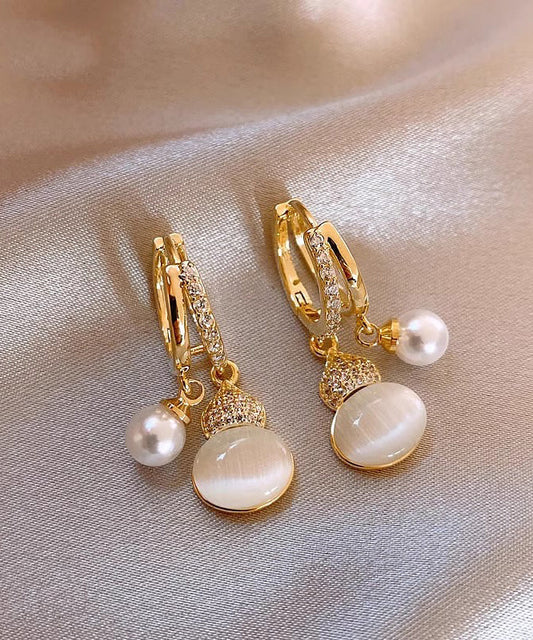 Boucles d'oreilles pendantes Vogue en alliage de cuivre doré et zircon œil de chat avec perle et gourde - Wavlynn