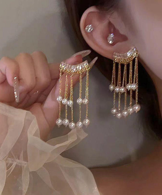 Boucles d'oreilles pendantes à pampilles en alliage de cuivre doré et zircon avec perles - Wavlynn