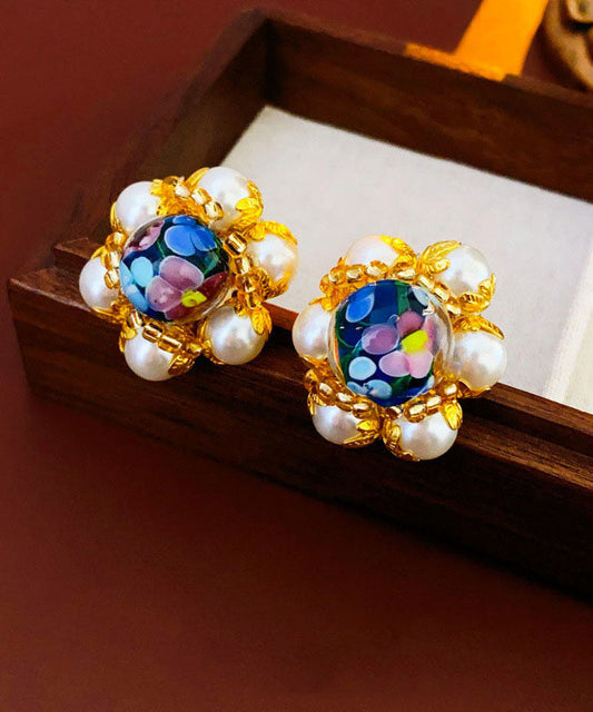 Boucles d'oreilles à tige en perles florales émaillées colorées Vogue Gold Copper Overgild - Wavlynn