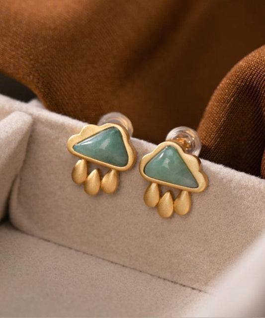Boucles d'oreilles à tige en argent sterling et jade vert surdoré en forme de goutte d'eau - Wavlynn